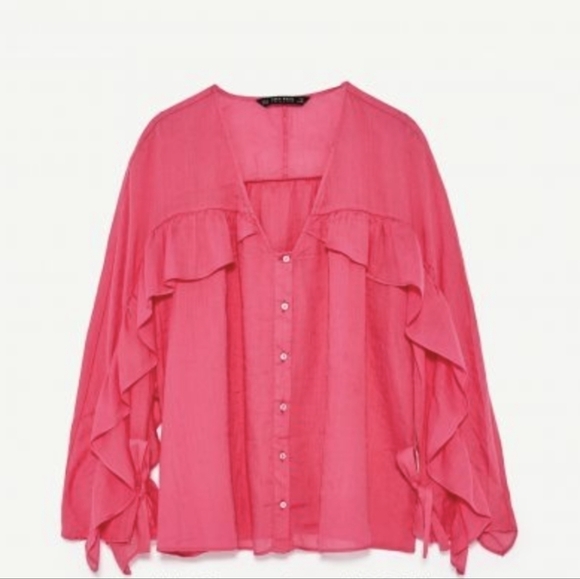 ZARA barbie pink ruffle cotton top shirt size Medium B1 - Picture 10 of 10